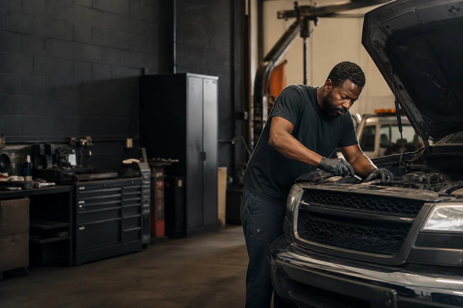 Black mechanic inspecting a vehicle in his garage