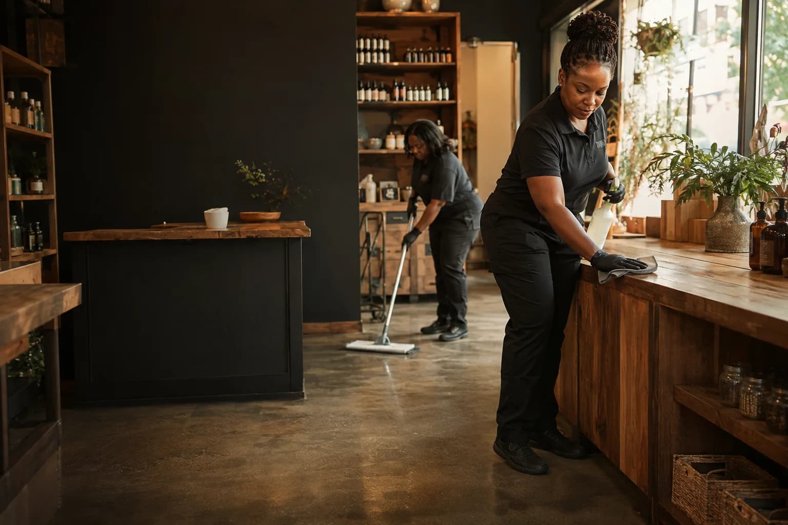 Black-owned cleaning team preparing a local retail space